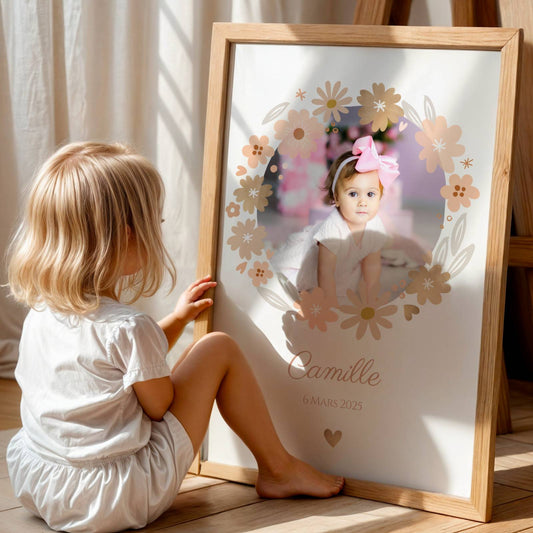 Affiche Enfant Fleurs Boho avec prénom et photo – Décoration Chambre Bébé