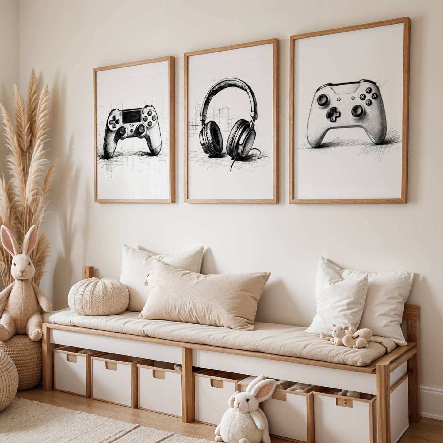 Lot de 3 affiches thème jeu vidéos en dessins esquissées avec joystick et casque audio en dessin sketch