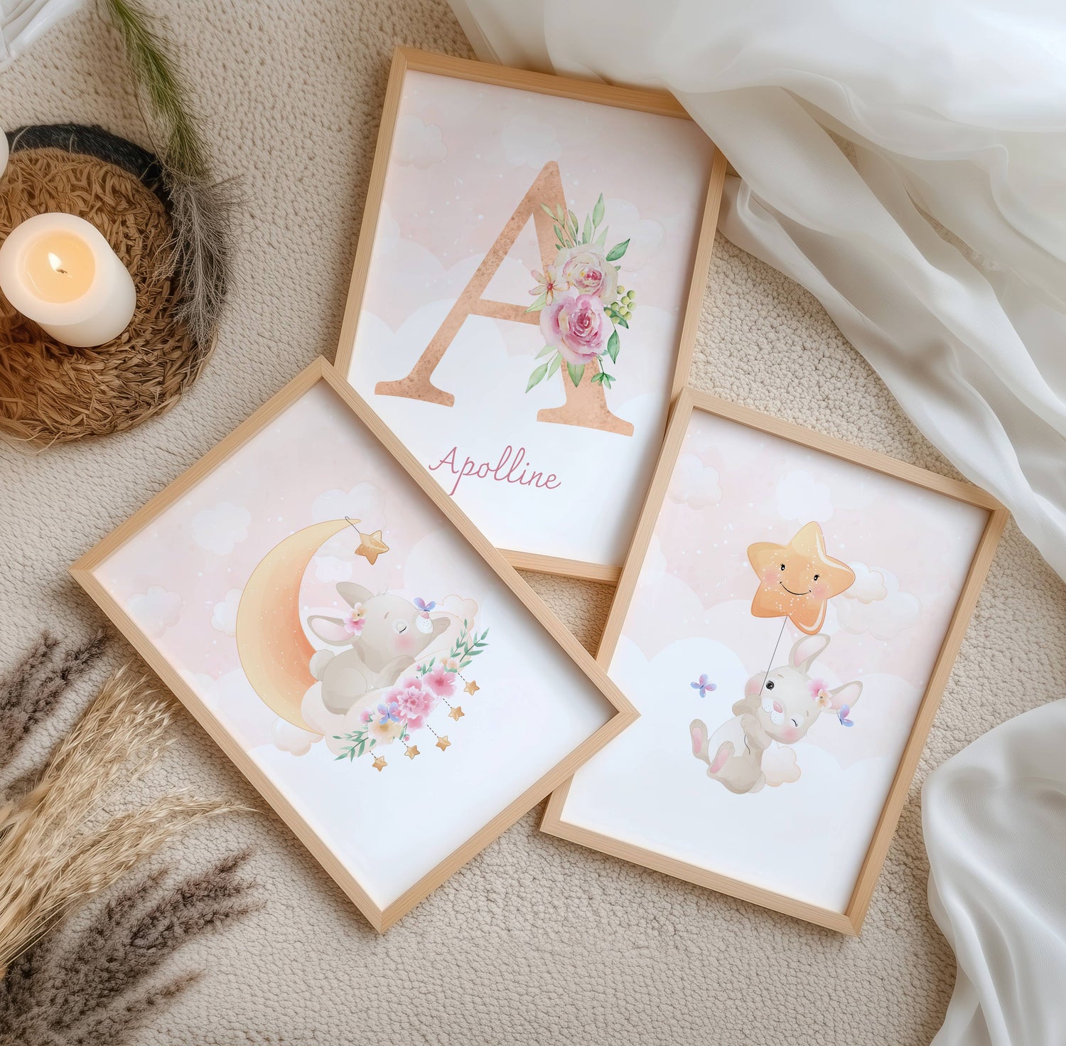 Lot 3 Affiches Chambre Enfant Lapin Forêt Aquarelle – Galerie Murale Personnalisée Prénom Cadeau Naissance Fille Garçon - Image 4