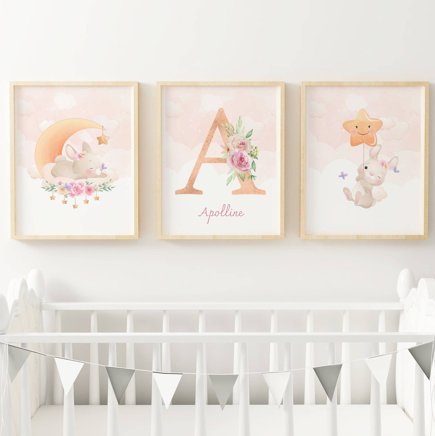 Lot 3 Affiches Chambre Enfant Lapin Forêt Aquarelle – Galerie Murale Personnalisée Prénom Cadeau Naissance Fille Garçon - Image 2