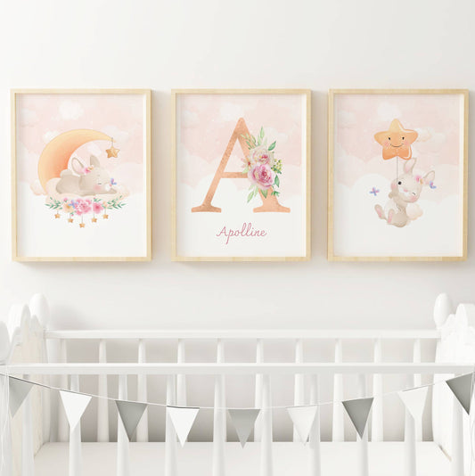 Lot 3 Affiches Chambre Enfant Lapin Forêt Aquarelle – Galerie Murale Personnalisée Prénom Cadeau Naissance Fille Garçon