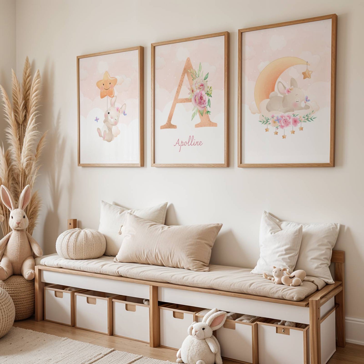 Lot 3 Affiches Chambre Enfant Lapin Forêt Aquarelle – Galerie Murale Personnalisée Prénom Cadeau Naissance Fille Garçon - Image 1