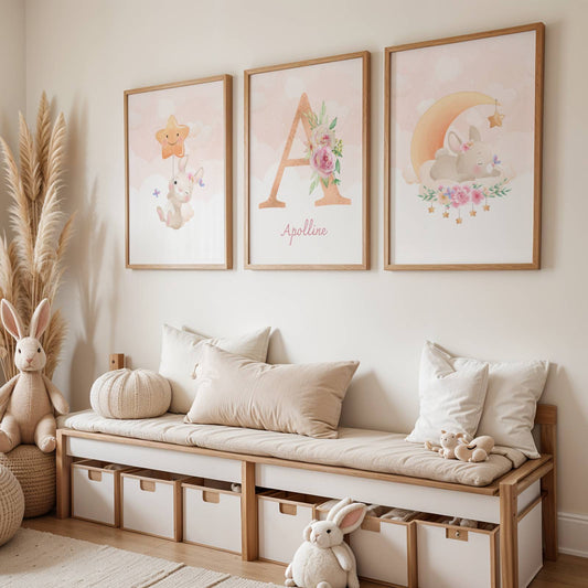Lot 3 Affiches Chambre Enfant Lapin Forêt Aquarelle – Galerie Murale Personnalisée Prénom Cadeau Naissance Fille Garçon