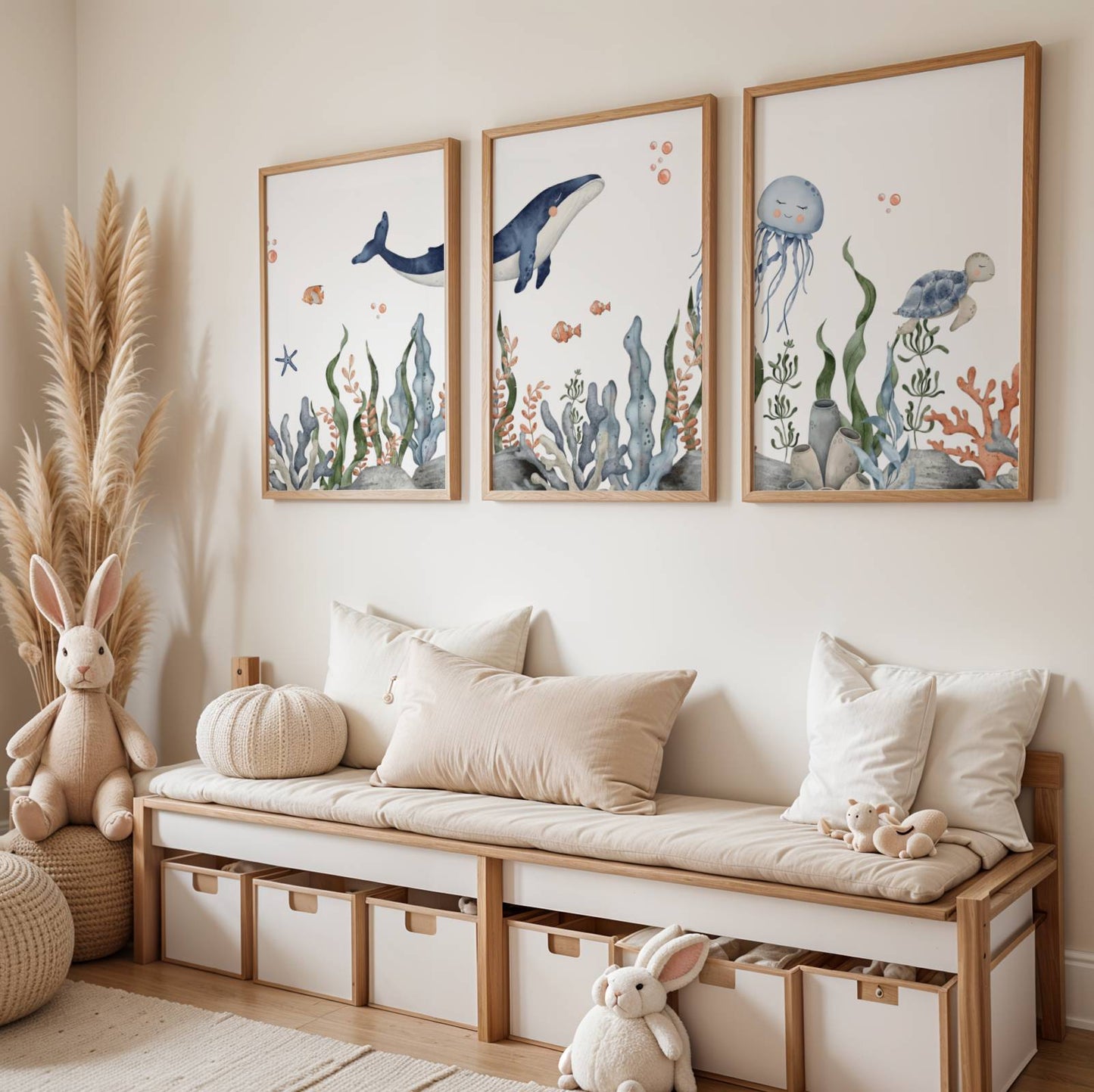 Trio Affiches Chambre Bébé Océan Aquarelle, Décoration Murale Baleine, Tortue et Méduse