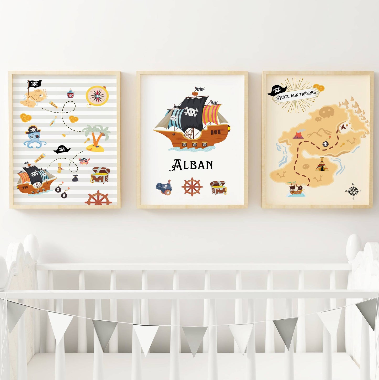 Lot 3 Affiches Chambre Garçon Thème Pirate Carte au Trésor – Galerie Murale Personnalisée Prénom Cadeau Naissance Anniversaire - Image 2