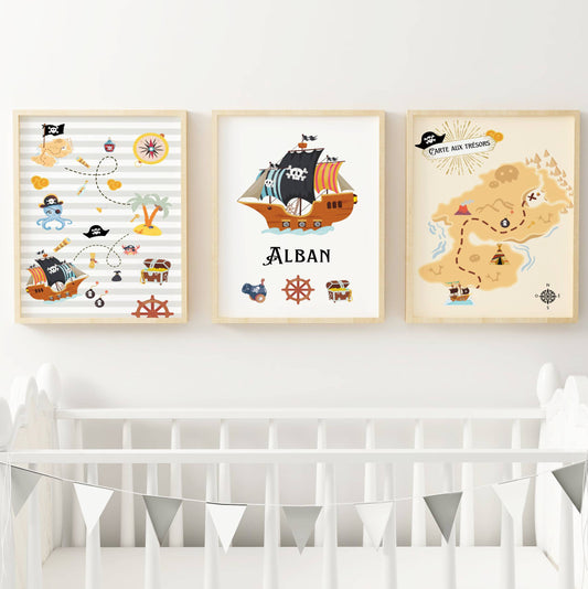 Lot 3 Affiches Chambre Garçon Thème Pirate Carte au Trésor – Galerie Murale Personnalisée Prénom Cadeau Naissance Anniversaire