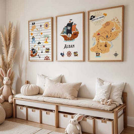 Lot 3 Affiches Chambre Garçon Thème Pirate Carte au Trésor – Galerie Murale Personnalisée Prénom Cadeau Naissance Anniversaire