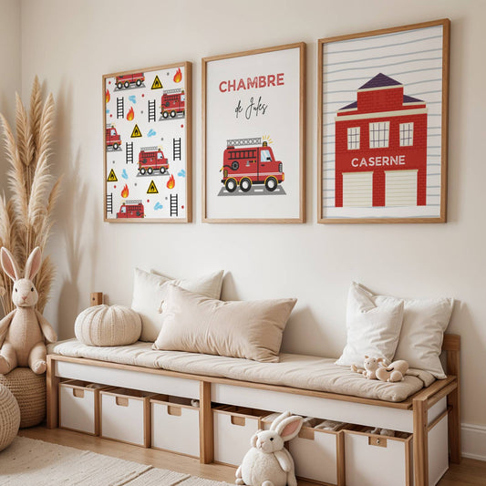 Lot 3 Affiches Chambre Garçon Thème Pompier Camion – Galerie Murale Personnalisée Prénom Cadeau Naissance Anniversaire