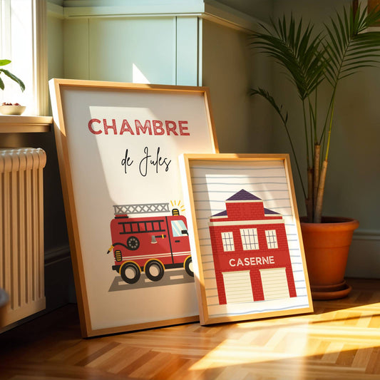 Lot 3 Affiches Chambre Garçon Thème Pompier Camion – Galerie Murale Personnalisée Prénom Cadeau Naissance Anniversaire