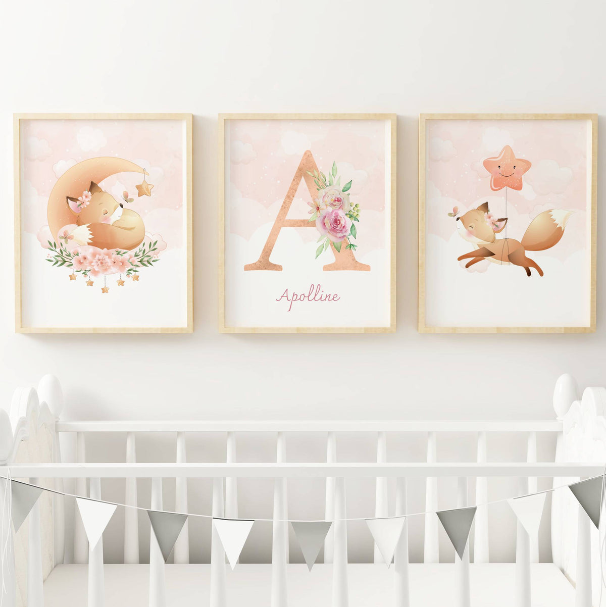 Lot 3 Affiches Chambre Enfant Renard Forêt Aquarelle – Galerie Murale Personnalisée Prénom Cadeau Naissance Bébé - Image 3