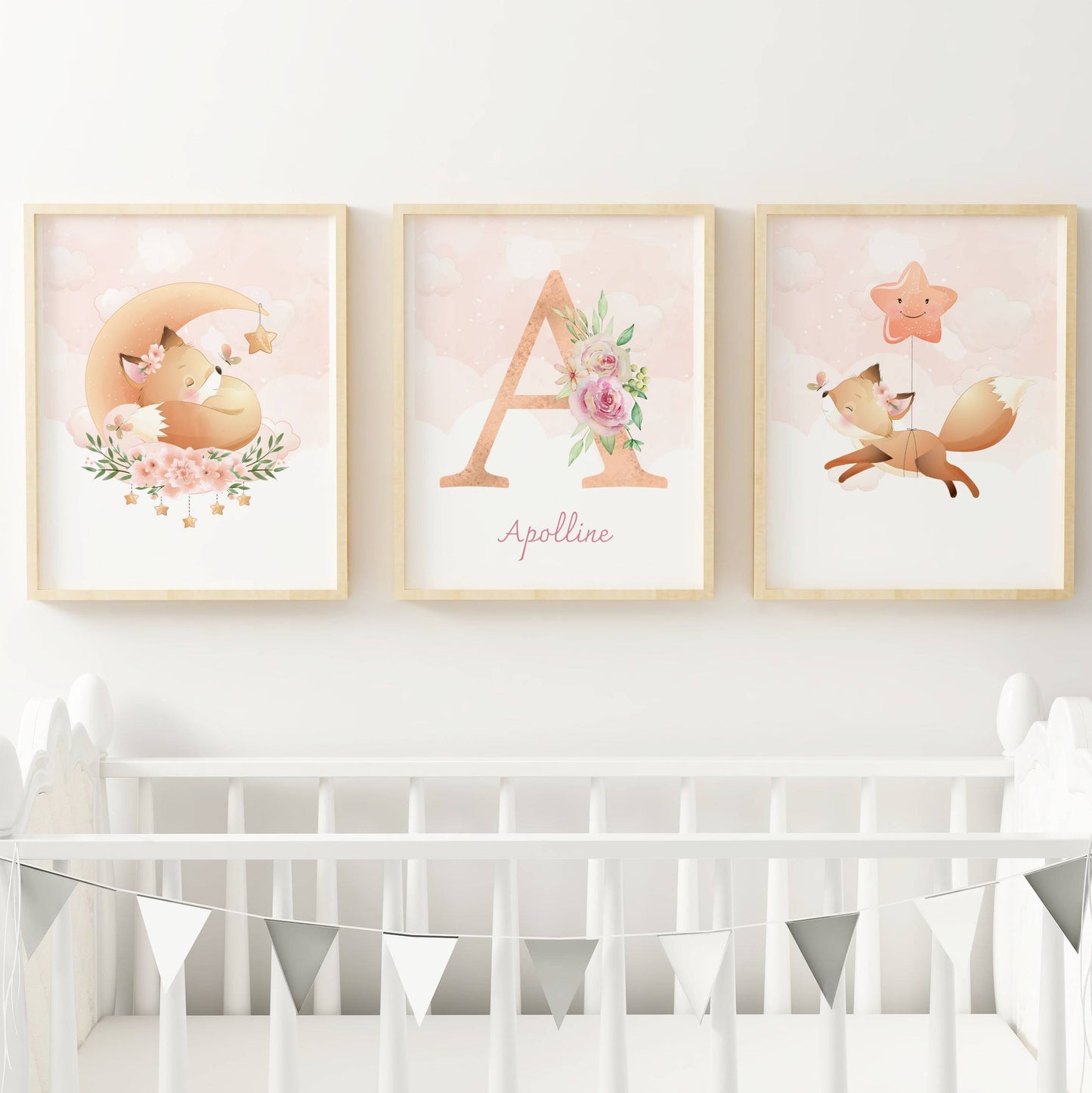 Lot 3 Affiches Chambre Enfant Renard Forêt Aquarelle – Galerie Murale Personnalisée Prénom Cadeau Naissance Bébé - Image 3