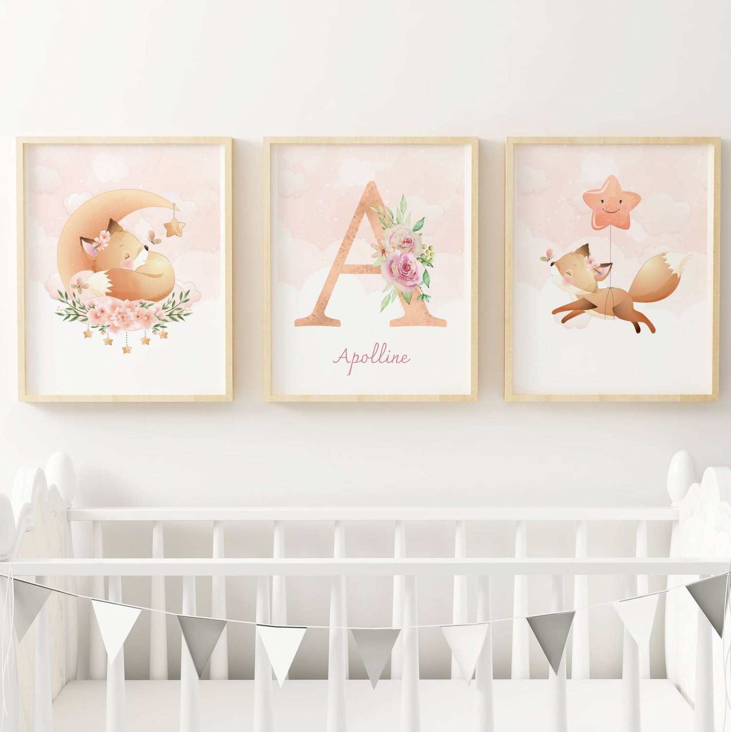 Lot 3 Affiches Chambre Enfant Renard Forêt Aquarelle – Galerie Murale Personnalisée Prénom Cadeau Naissance Bébé - Image 3