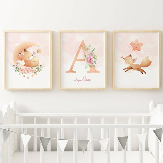 Lot 3 Affiches Chambre Enfant Renard Forêt Aquarelle – Galerie Murale Personnalisée Prénom Cadeau Naissance Bébé - Image 3