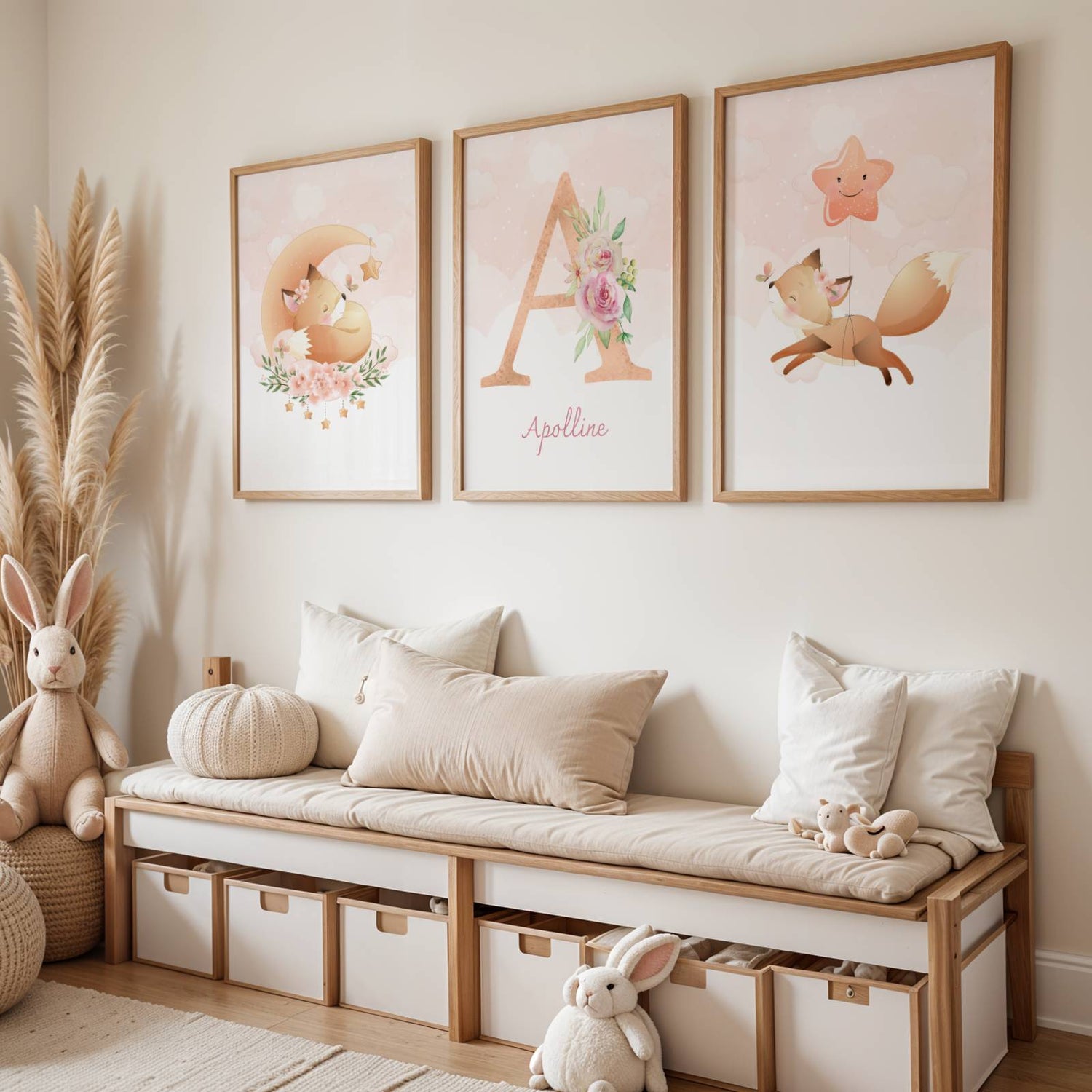 Lot 3 Affiches Chambre Enfant Renard Forêt Aquarelle – Galerie Murale Personnalisée Prénom Cadeau Naissance Bébé - Image 1