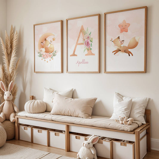 Lot 3 Affiches Chambre Enfant Renard Forêt Aquarelle – Galerie Murale Personnalisée Prénom Cadeau Naissance Bébé