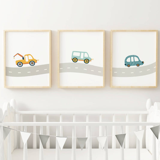 Lot 3 Affiches Chambre Garçon Route Véhicules Voitures – Galerie Murale Prénom Personnalisé Cadeau Naissance Anniversaire