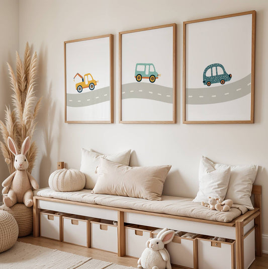 Lot 3 Affiches Chambre Garçon Route Véhicules Voitures – Galerie Murale Prénom Personnalisé Cadeau Naissance Anniversaire
