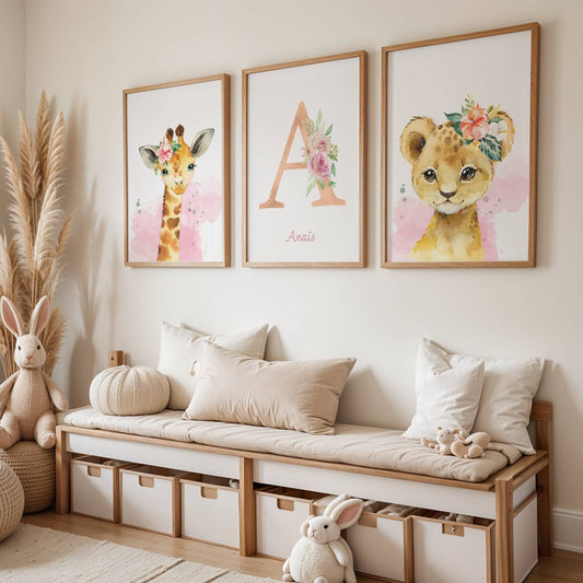 Lot 3 Affiches Chambre Enfant Savane Lion Girafe Éléphant – Galerie Murale Personnalisée Prénom Cadeau Naissance Garçon