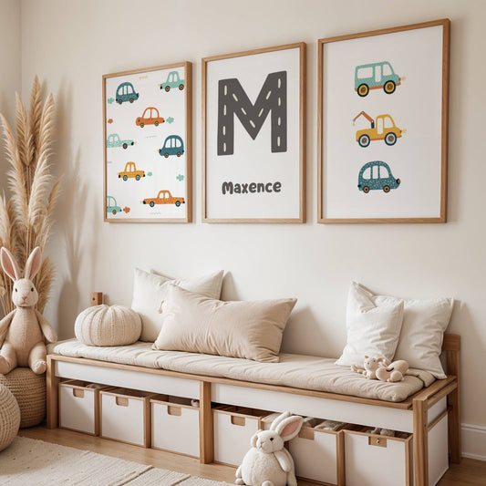 Lot 3 Affiches Chambre Garçon Voitures Véhicules Colorés – Galerie Murale Cadeau Naissance Anniversaire Thème Transport