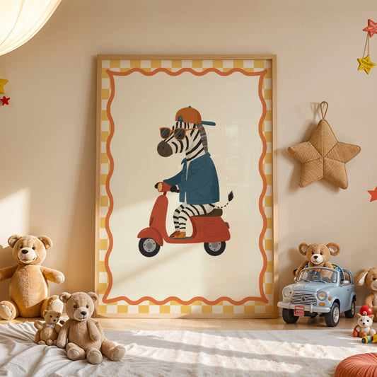 Affiche Zèbre Scooter – Poster Coloré Animaux Rigolos Chambre Enfant Dopamine Decor Cadeau Naissance