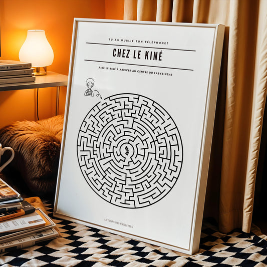Poster labyrinthe salle d’attente kiné pour cabinet de kinésithérapie et médical. Décoration ludique pour divertir les patients.