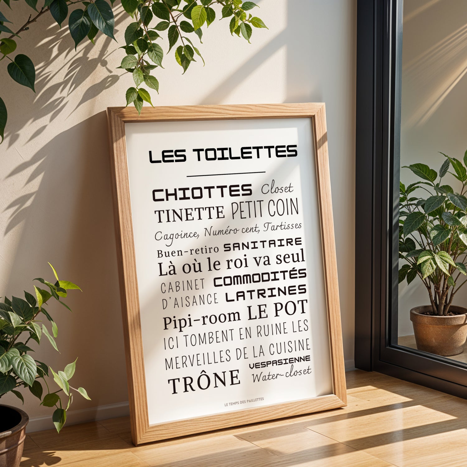 Affiche WC minimaliste “Les toilettes”, décoration salle de bain design graphique, poster typographique moderne, affiche Le Temps des Paillettes style épuré