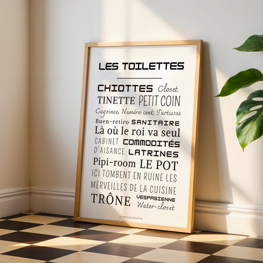 Affiche WC minimaliste “Les toilettes”, décoration salle de bain design graphique, poster typographique moderne, affiche Le Temps des Paillettes style épuré