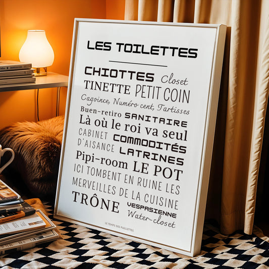 Affiche WC minimaliste “Les toilettes”, décoration salle de bain design graphique, poster typographique moderne, affiche Le Temps des Paillettes style épuré
