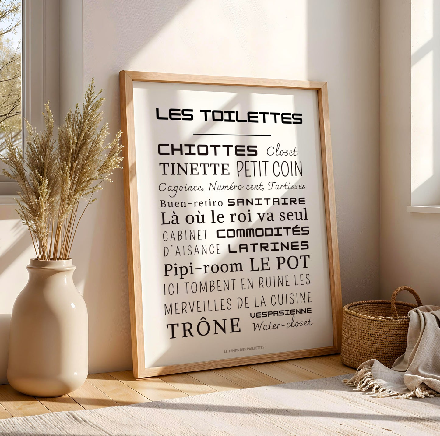Affiche WC minimaliste “Les toilettes”, décoration salle de bain design graphique, poster typographique moderne, affiche Le Temps des Paillettes style épuré