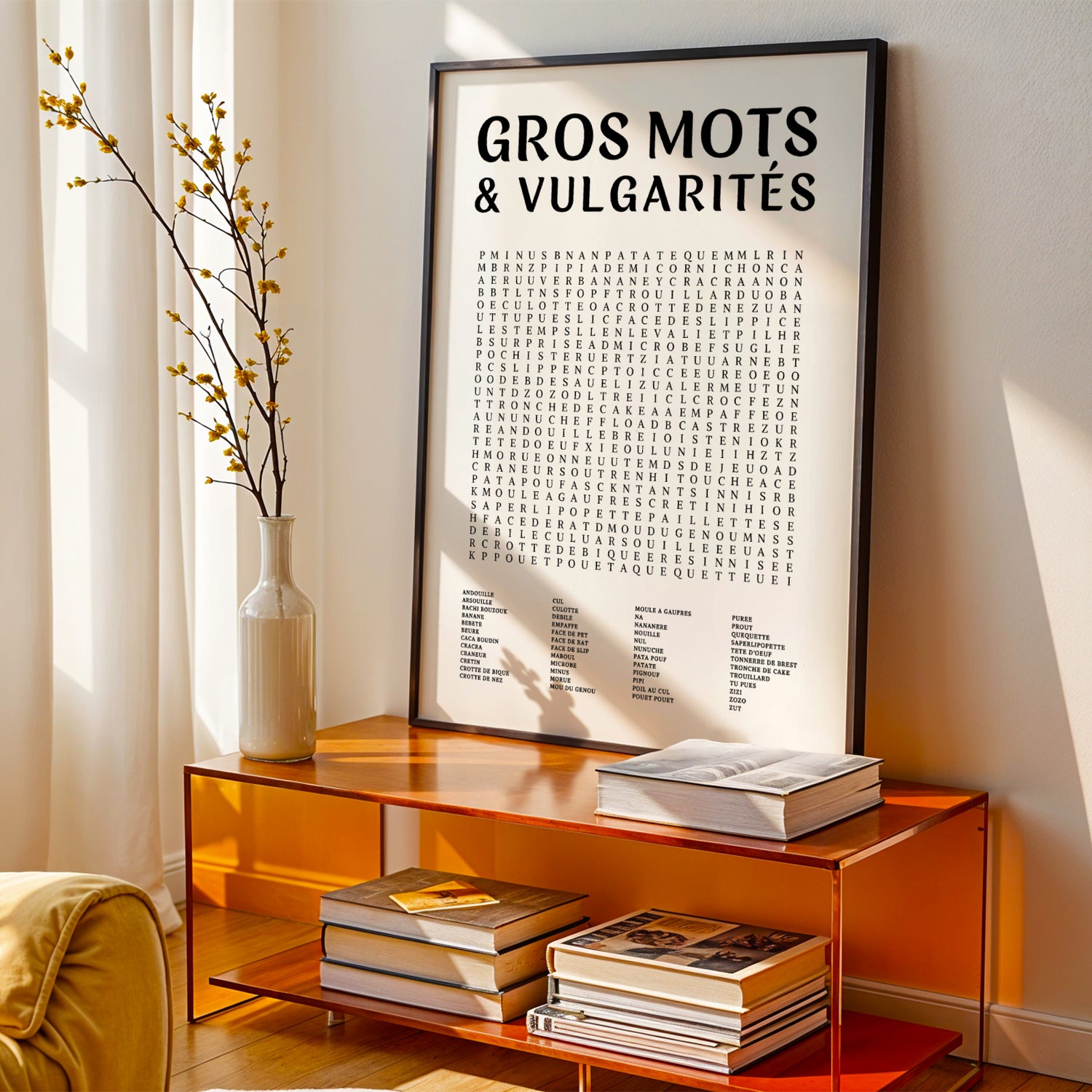 Affiche mots mêlés drôle “Les gros mots”, jeu éducatif enfant et famille, décoration salle de jeux colorée, poster ludique Le Temps des Paillettes
