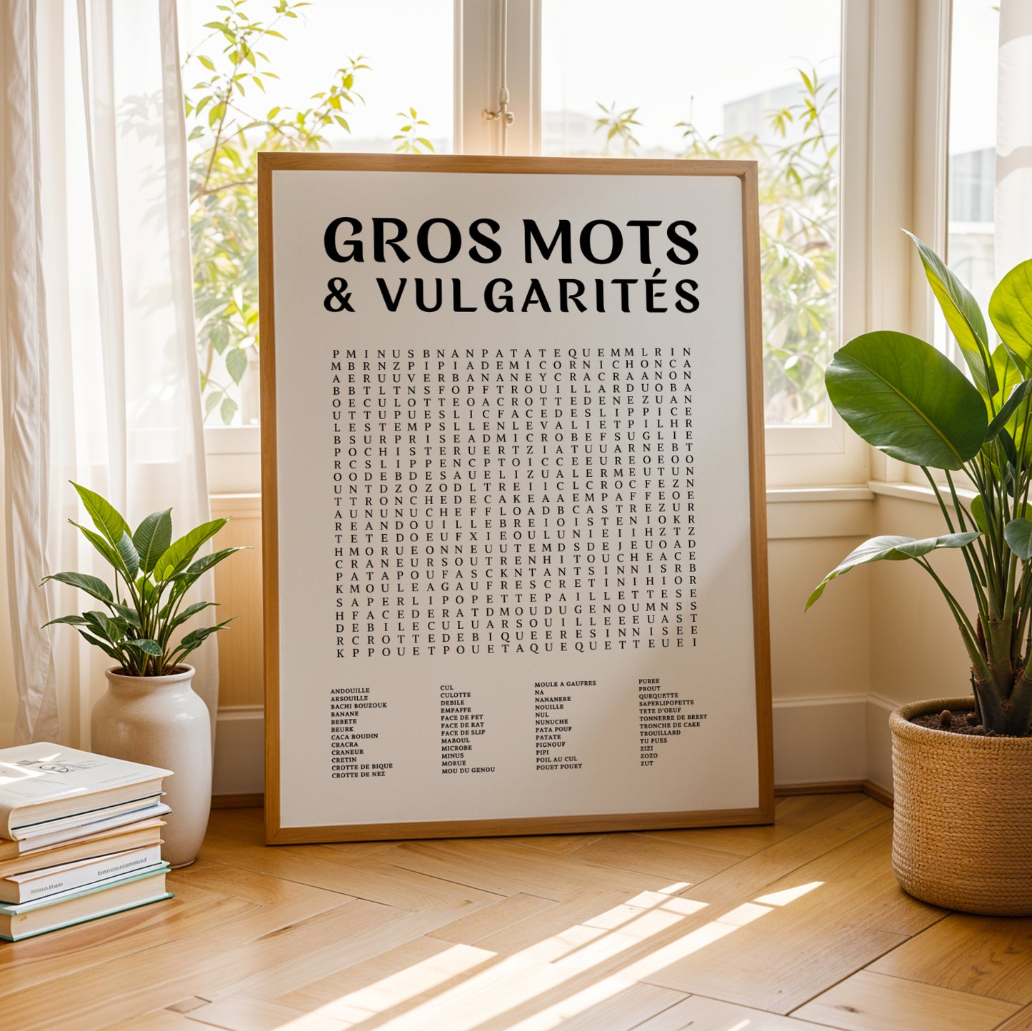 Affiche mots mêlés drôle “Les gros mots”, jeu éducatif enfant et famille, décoration salle de jeux colorée, poster ludique Le Temps des Paillettes