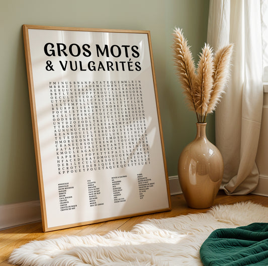 Affiche mots mêlés drôle “Les gros mots”, jeu éducatif enfant et famille, décoration salle de jeux colorée, poster ludique Le Temps des Paillettes