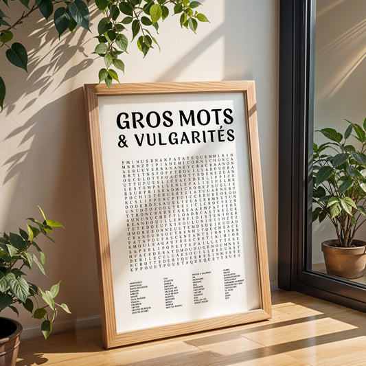 Affiche mots mêlés drôle “Les gros mots”, jeu éducatif enfant et famille, décoration salle de jeux colorée, poster ludique Le Temps des Paillettes