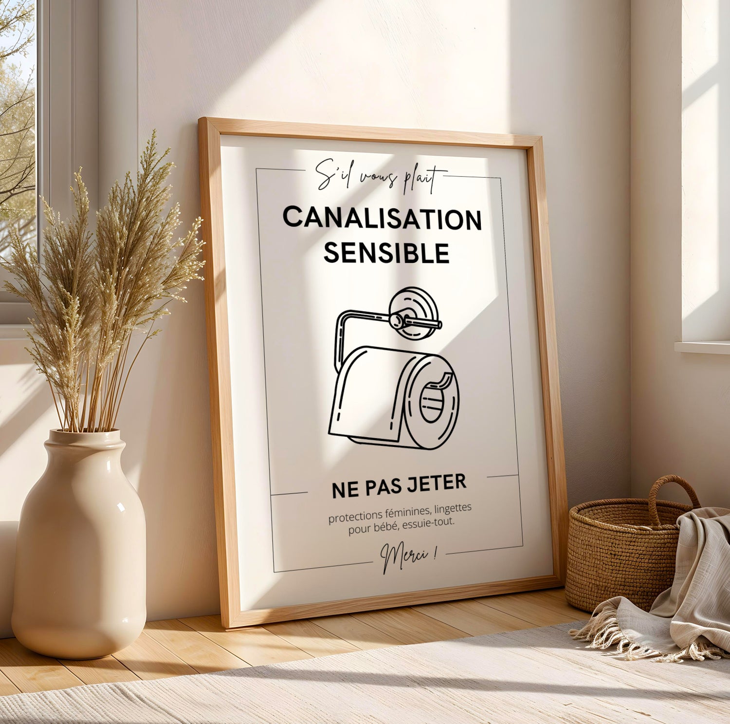 Affiche WC ne rien jeter dans les toilettes, signalétique canalisations sensibles, affiche Airbnb et location saisonnière, décoration salle de bain utile et moderne Le Temps des Paillettes