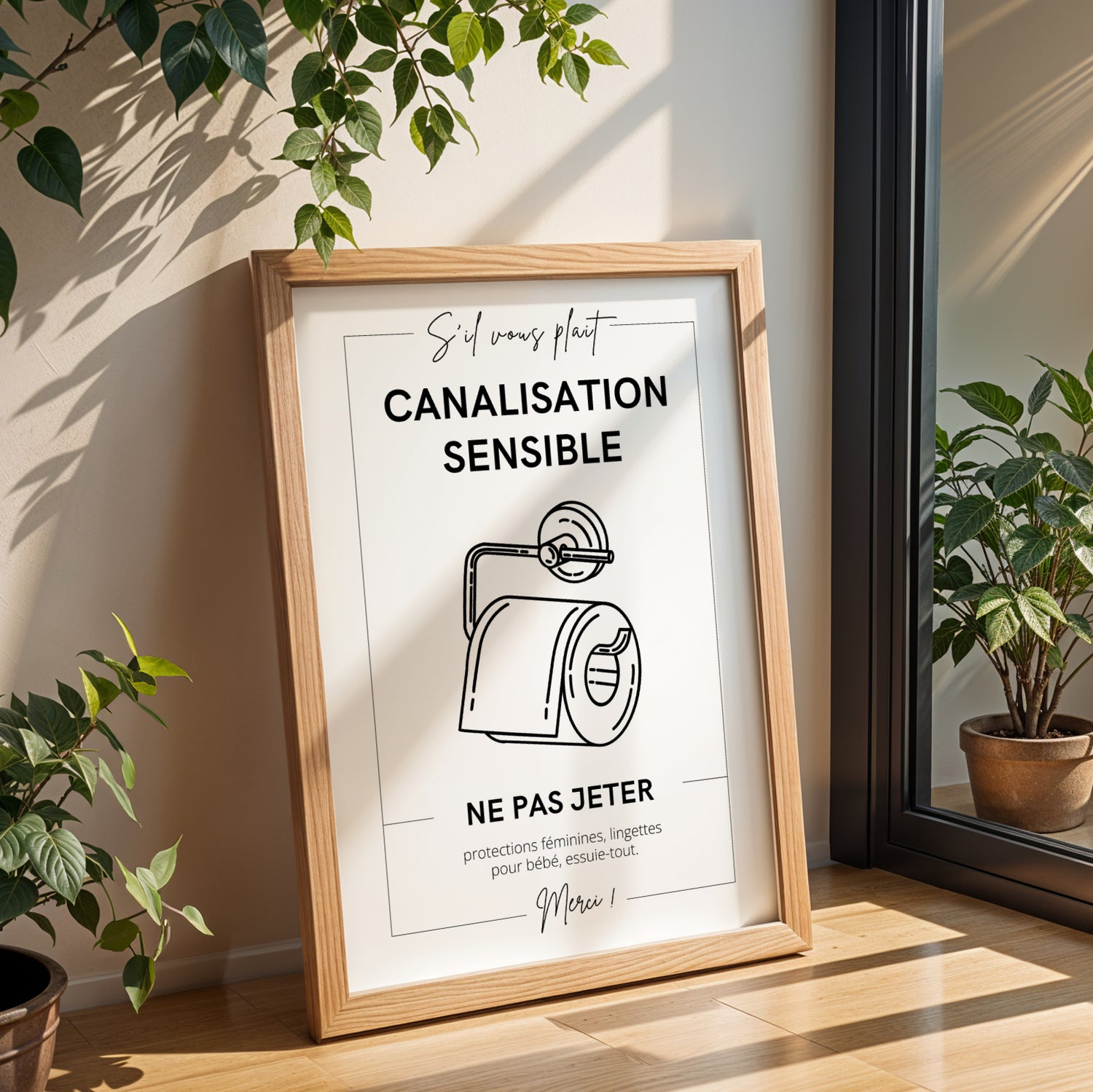 Affiche WC ne rien jeter dans les toilettes, signalétique canalisations sensibles, affiche Airbnb et location saisonnière, décoration salle de bain utile et moderne Le Temps des Paillettes
