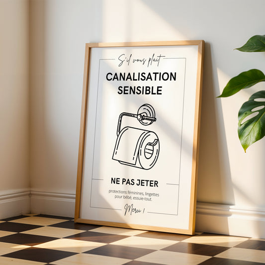 Affiche WC ne rien jeter dans les toilettes, signalétique canalisations sensibles, affiche Airbnb et location saisonnière, décoration salle de bain utile et moderne Le Temps des Paillettes