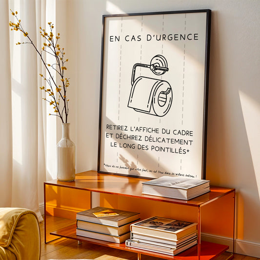 Affiche WC en cas d’urgence, signalétique toilettes drôle en français, décoration Airbnb bar restaurant, affiche salle de bain utile Le Temps des Paillettes