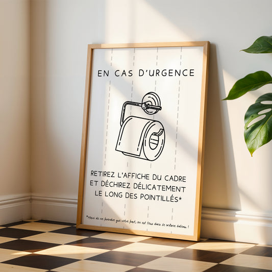 Affiche WC en cas d’urgence, signalétique toilettes drôle en français, décoration Airbnb bar restaurant, affiche salle de bain utile Le Temps des Paillettes