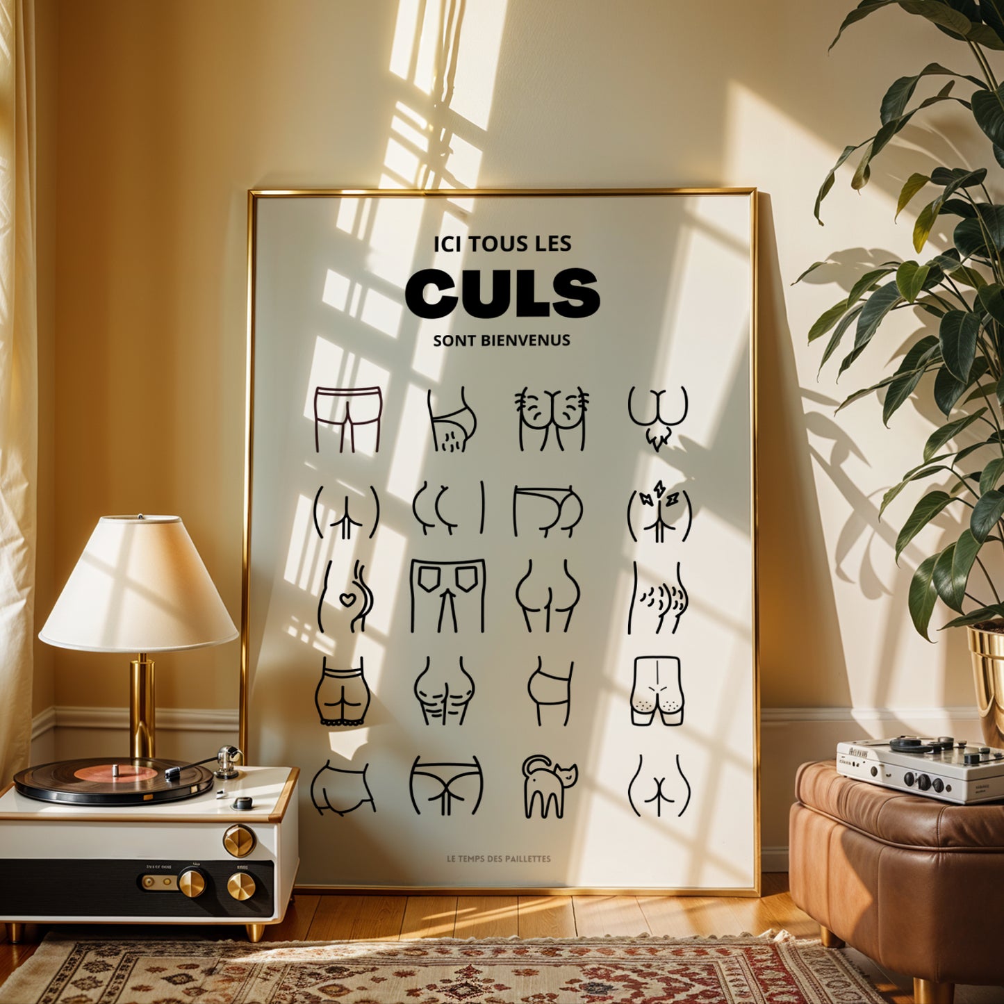 Affiche WC humoristique noir et blanc, décoration toilettes minimaliste, poster drôle salle de bain, affiche “Ici tous les culs sont bienvenus”, Le Temps des Paillettes