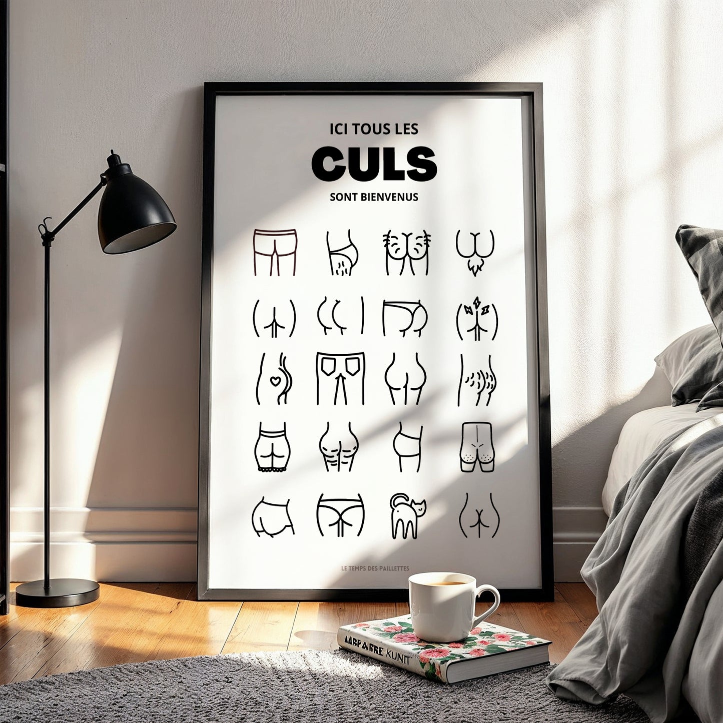 Affiche WC humoristique noir et blanc, décoration toilettes minimaliste, poster drôle salle de bain, affiche “Ici tous les culs sont bienvenus”, Le Temps des Paillettes