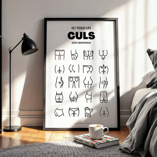 Affiche WC humoristique noir et blanc, décoration toilettes minimaliste, poster drôle salle de bain, affiche “Ici tous les culs sont bienvenus”, Le Temps des Paillettes