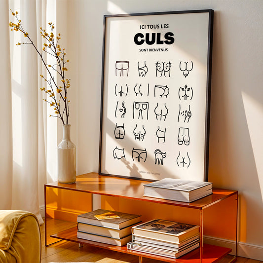 Affiche WC humoristique noir et blanc, décoration toilettes minimaliste, poster drôle salle de bain, affiche “Ici tous les culs sont bienvenus”, Le Temps des Paillettes