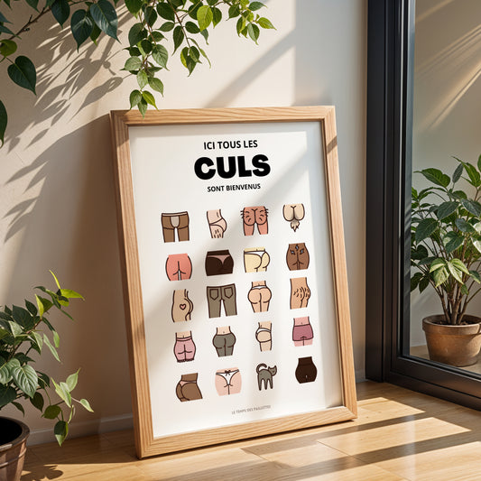 Affiche WC humoristique colorée “Ici tous les culs sont bienvenus”, décoration toilettes originale et moderne, poster drôle salle de bain, design graphique, collection Le Temps des Paillettes
