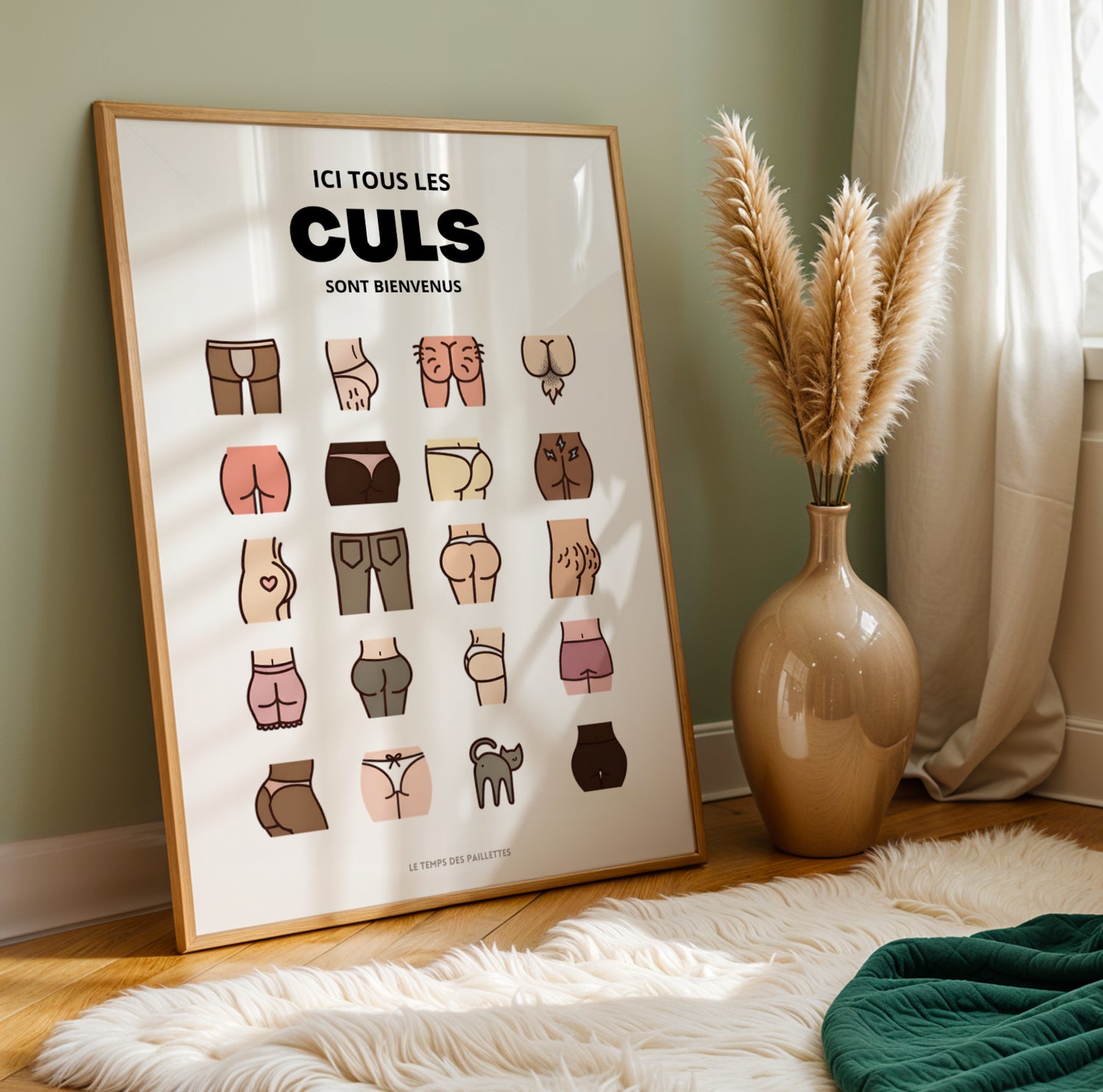 Affiche WC humoristique colorée “Ici tous les culs sont bienvenus”, décoration toilettes originale et moderne, poster drôle salle de bain, design graphique, collection Le Temps des Paillettes