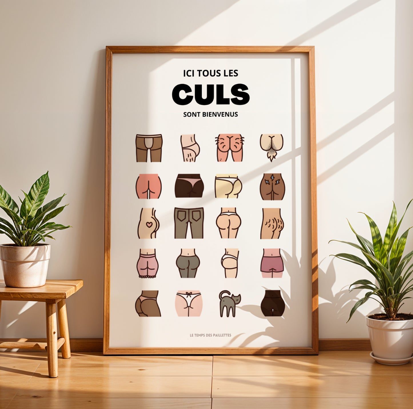 Affiche WC humoristique colorée “Ici tous les culs sont bienvenus”, décoration toilettes originale et moderne, poster drôle salle de bain, design graphique, collection Le Temps des Paillettes