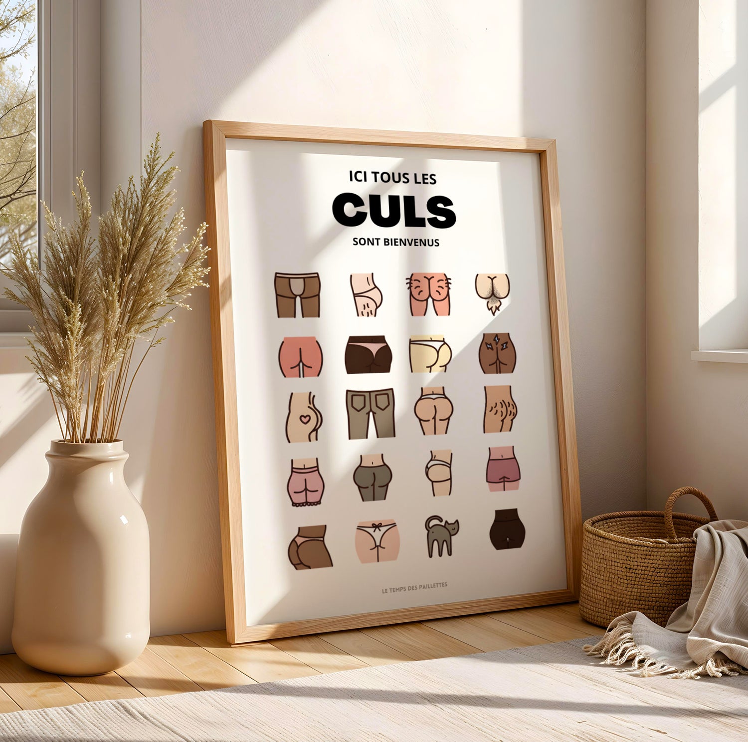 Affiche WC humoristique colorée “Ici tous les culs sont bienvenus”, décoration toilettes originale et moderne, poster drôle salle de bain, design graphique, collection Le Temps des Paillettes