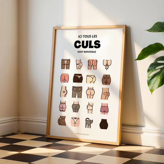 Affiche WC humoristique colorée “Ici tous les culs sont bienvenus”, décoration toilettes originale et moderne, poster drôle salle de bain, design graphique, collection Le Temps des Paillettes