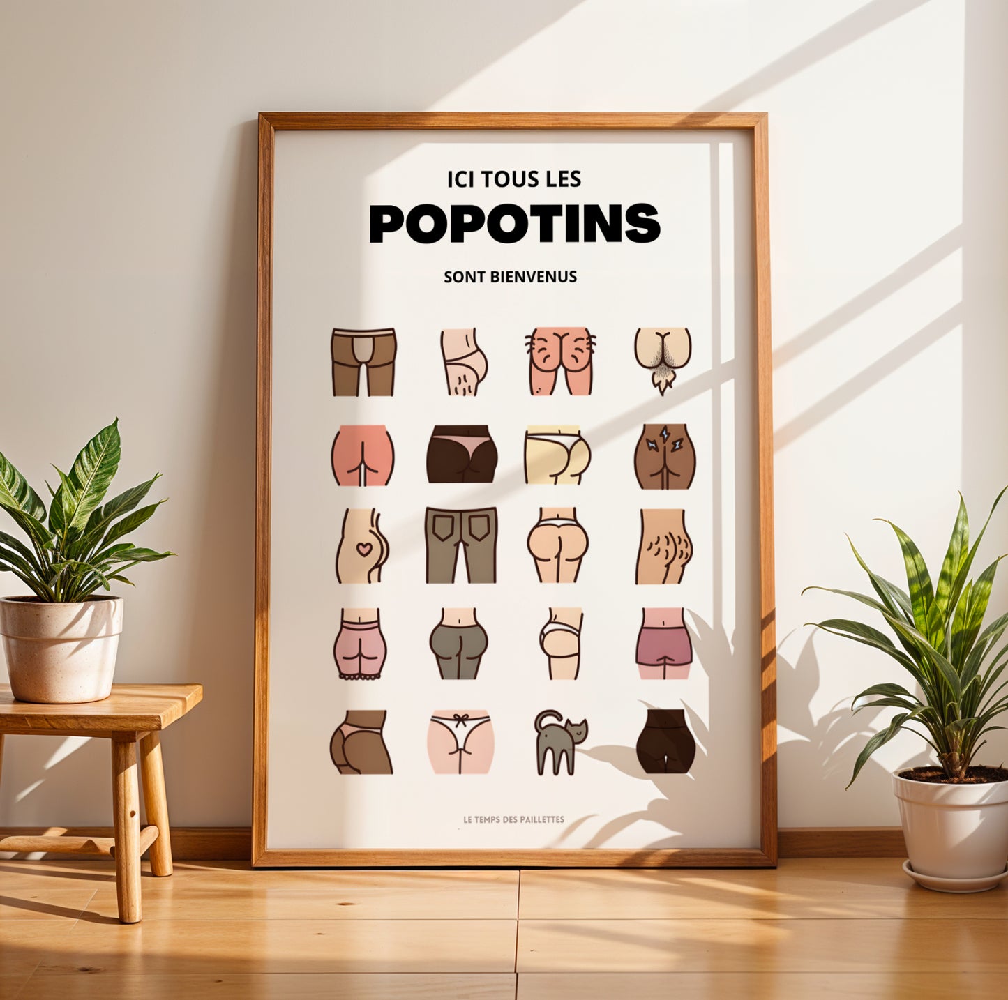 Affiche WC humoristique colorée “Ici tous les popotins sont bienvenus”, décoration toilettes originale design graphique, poster drôle salle de bain, art mural décalé collection Le Temps des Paillettes