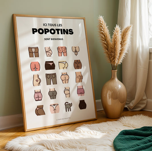 Affiche WC humoristique colorée “Ici tous les popotins sont bienvenus”, décoration toilettes originale design graphique, poster drôle salle de bain, art mural décalé collection Le Temps des Paillettes