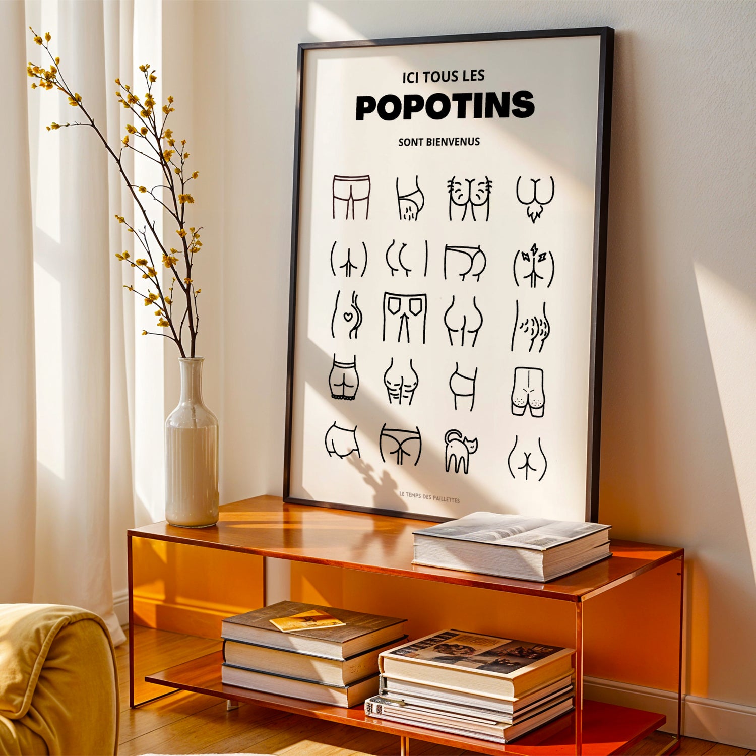 Affiche WC humoristique noir et blanc “Ici tous les popotins sont bienvenus”, décoration toilettes originale, poster salle de bain design minimaliste, collection Le Temps des Paillettes
